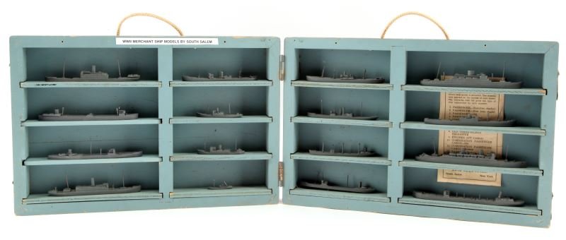 16 WWII MERCHANT SHIP RECOGNITION MODELS: A case of 16 merchant ship recognition models made by South Salem Studios. Includes one single stack passenger, one double stack passenger, one old model passenger, and coastal passenger, one Liberty