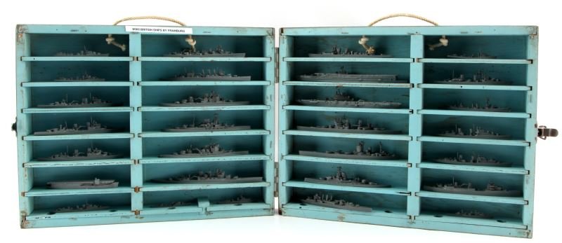FRAMBURG US NAVY BRITISH SHIP IDENTIFICATION MODEL: Complete 29 ship set of British miniature ship models. World War II, Device Number 5-A. Manufactured by H. A. Framburg & Co, Chicago, IL. Used by the United States Navy for recognition training. House