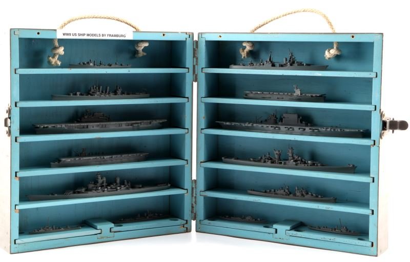 FRAMBURG SHIP MODELS SET OF 14 US NAVY VESSELS: A set of Framburg ship recognition models. The box is stamped "US Navy Miniature US Ship Models Mark 1 Supplement 1". Contains 14 die cast models in total, all are stamped "12-44 and H.A. Framburg & C