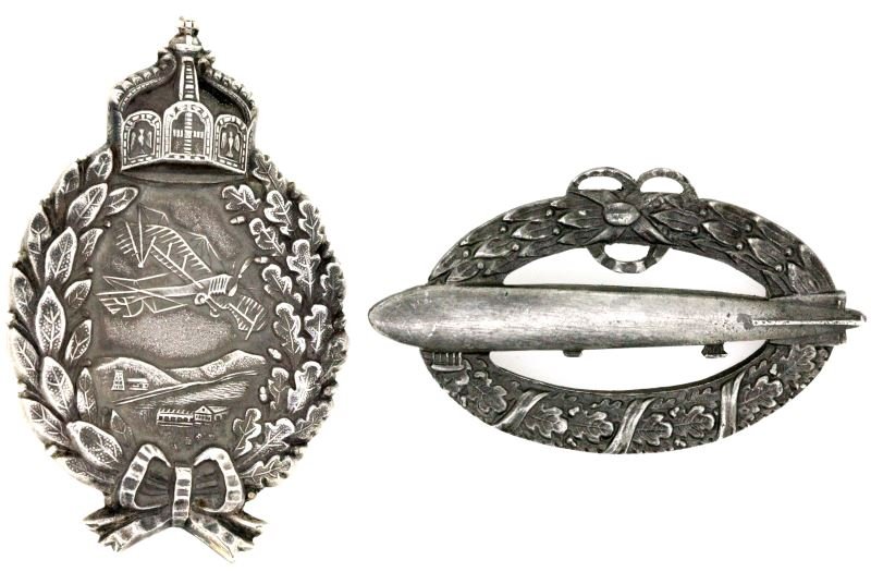 WWI IMPERIAL PRUSSIAN GERMAN PILOT BADGE LOT OF 2: 2 WWI Imperial Prussian Pilot's badges. One is made by C.E. Juncker in 800 silver, 90 degree lie, vertical hook pin, and weighs 27.9 grams. The other is an Imperial German Army Zeppelin pilot badge ma