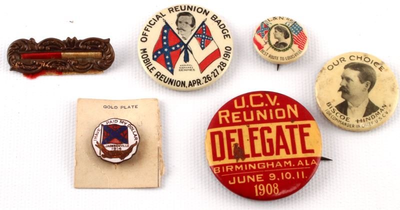 LOT OF 6 UNITED CONFEDERATE VETERANS PINS: Six United Confederate Veterans pins. One St. Louis Button Company 1910 Mobile reunion badge. One St. Louis Button Company 1908 UCV Birmingham reunion pin. One "Best Route to Louisville" pin. One Jack