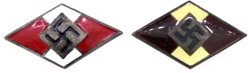 2 WWII GERMAN HITLER YOUTH DIAMOND PINS: Lot of two Hitler Youth diamond pins. One says "GES GESCH" and "OTTO HOFFMANN" on reverse side. Clasps functional. Some signs of age and wear. Overall very good condition. From the military collection