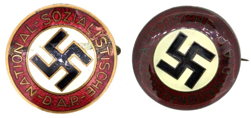 2 WWII THIRD REICH NSDAP POLITICAL PINS: Lot of two NSDAP political pins with a swastika and "NATIONAL SOZIALISTICHE D.A.P." on face. One marked "RZM" and "6" on reverse side. Has some chipping on enamel face. One other with minimal wear. Ov