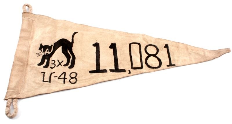 WWII THIRD REICH U BOAT U-48 KILL TONNAGE PENNANT: Hand painted white canvas pennant showing the kill tonnage of U-48, the most successful U-boat commissioned. The flag shows a kill total of 11,081 tons; a black cat insignia, as commonly seen used in 