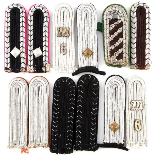 LOT OF WWII THIRD REICH SHOULDER BOARDS GERMAN: Lot of six pairs of Third Reich Germany and post war shoulder boards. Lot includes: Feuerschutzpolizei & Feuerwher (Fire Service) shoulder boards, Leutnant (engineer), Unterwachtmeister (police), Luft