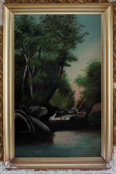 OIL ON CANVAS PAINTING CREEK RIVER SCENE SIGNED: Oil on canvas painting of creek scene with trees. Signed (Rhea 1903) to LR. Beautiful colors of green, blue, pink and grey. Measures 31.5 by 21 inches. Painting is in very good condition, much loss to