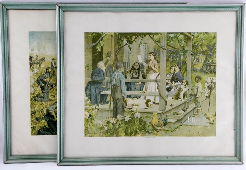 GILBERT GAUL LITHOGRAPHIC PRINTS LOT OF 2: Gilbert Gaul (American, 1855-1919) Lithograph prints, lot of two. One is titled "Holding the Line at all Hazards" and the other "Tidings from the Front". Both measure 26.5 by 23 inches. Evident wear f