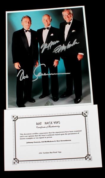 SIGNED PHOTO JOHNNY CARSON, ED MCMAHON, DOC SEVER: In very good condition, 8x10 color lab photograph of Johnny Carson, Doc Severinson and Ed McMahon of TV's "The Tonight Show", including guaranteed authentic signatures of all three.