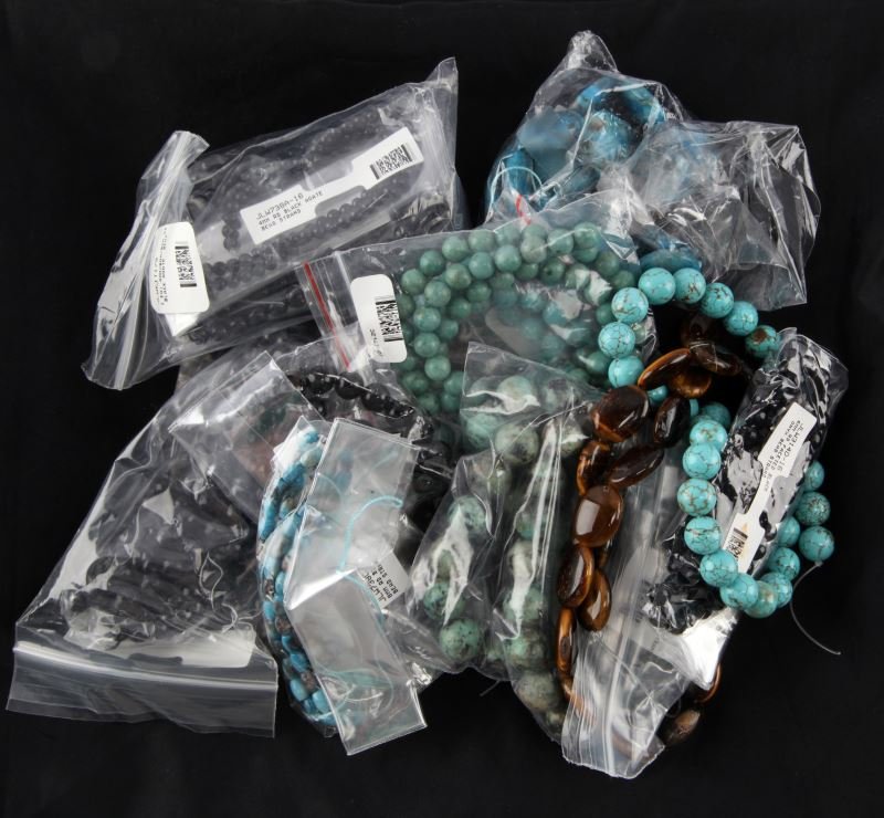 LOT OF 12 GENUINE STONE BEAD STRANDS TO STRING: Twelve strands of genuine stone beads, tiger eye, blue lace agate, cultured pearls and others. All new; ready for you to string and add clasp. Nothing larger than 12mm in diameter.