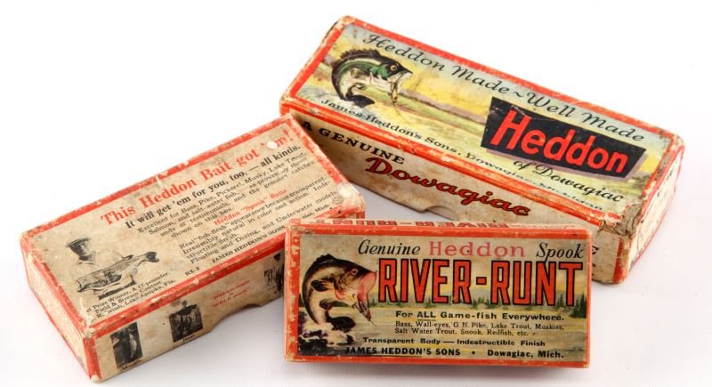 3 VINTAGE LURE BOXES HEDDON RIVER-RUNT BRUSH: Three vintage fishing lure boxes: One large Heddon box circa 1947, one River-Runt box circa 1947, one Brush box circa 1932. Boxes only. Expected signs of age and wear.