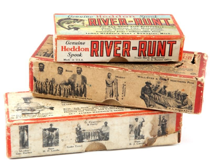 3 VINTAGE FISHING LURE BOXES FLESH BRUSH RIVERRUNT: Three vintage fishing lure boxes: Flesh box circa 1933, Brush box circa 1932, and a River-Runt box circa 1947. Boxes only. Expected signs of age and wear.