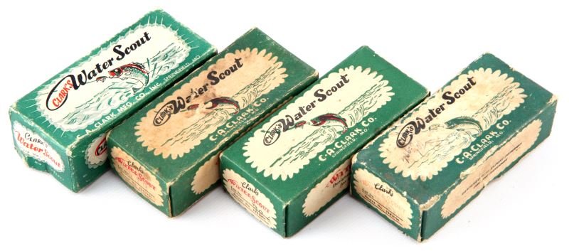 3 WATER SCOUT LURE BOXES W LURES & 1 LURE BOX: Three Water Scout boxes with lures and one Water Scout lure box. Expected signs of age and wear.