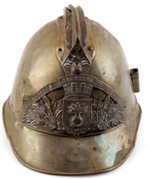 M1885 FRENCH ADRIAN FIREMAN HELMET: Brass Adrian fire fighters helmet from the village Preuilly Sur Claise. Includes liner but no chin strap. Some denting. Village plate on front. Good condition.