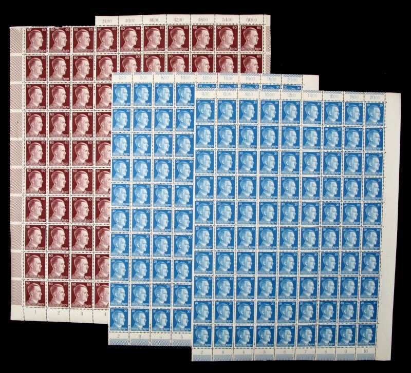 LOT OF THREE SHEETS WWII GERMAN STAMPS HITLER: Lot of three sheets of World War II German stamps, 20 and 80 denominations. The blue and brown stamps depict Hitler's profile. Full sheets. Overall good condition. Mint.This lot has a reserve.