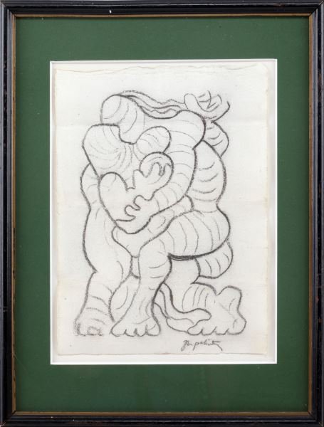 JACQUES LIPCHITZ COUPLE ET ENFANT SIGNED DRAWING: Mother and Child drawing (appears to be pastel or charcoal) by Jacques Lipchitz from 1930s, measuring 16cm by 22cm and 32.50 cm by 24.5cm in frame. Signed in right corner. Drawing has few fold and cre