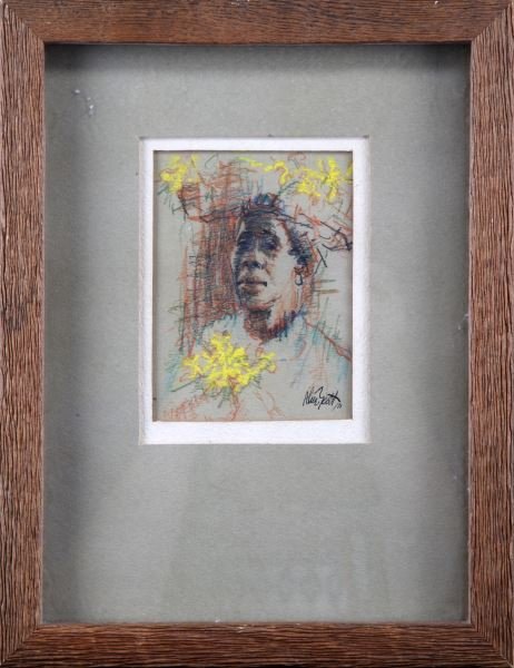 ALICE SCOTT 1971 PASTEL DRAWING ORIGINAL 4.5 X 3.5: Original pastel portrait by Alice Scott Scanland (1924-2005), and American artist best known for her depictions of the American South. The work, drawn on colored paper, depicts the bust of a woman sit