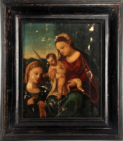 16TH C. CIRCLE OF TITIAN VIRGIN AND CHILD VENETIAN: A 16th Century tempera or thinly applied oil on panel depicting half-length Virgin with a standing Child. The painting shows signs of deterioration to the painted surface, mostly in the form of flakin