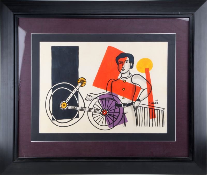 ATTRIBUTED TO FERNAND LEGER MECHANICS OF CYCLES: 1945 work attributed to Fernand Leger, titled "The Mechanics of Cycles". Bold colors, modern style. Depicts a man and a bicycle. Has a seal from the Museum D' Orsay. Within a black frame measuring 34.