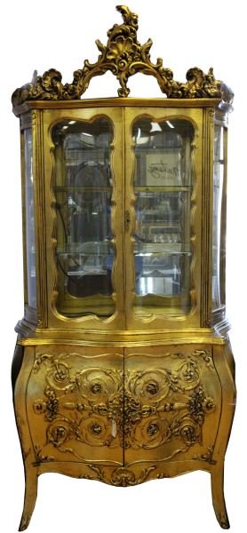 GOLD LEAF BOMBAY CHEST WITH DISPLAY CASE: Gold leaf Bombay chest with glass display case is the Bombay style. Some wear on the antiqued gold leaf finish. Fitted with small lights in the upper panel of the display case. Most likely made in the