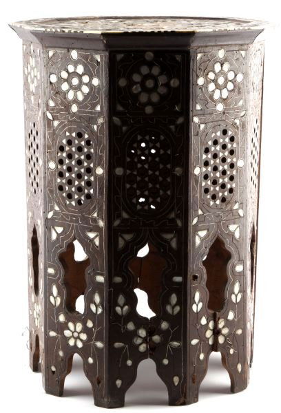 SYRIAN MOROCCAN MOTHER OF PEARL WOOD TEA TABLE: Vintage Syrian Moroccan Mother-of-Pearl wooden tea table. Shell inlay throughout, bone accents the 10-sided perimeter. Measures 23 by 17 inches. Much loss to shell inlay on top of table, little loss t