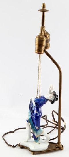 DUPONT LAMP ROSENTHAL PORCELAIN TARANTELLA OPPEL: Once belonging to the Alfred I DuPont estate, this is a 1920's Rosenthal porcelain turned into a lamp. The porcelain figurine was designed by Gustav Oppel, a German sculptor. This piece is titled "Tar