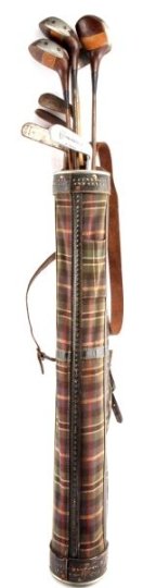 ANTIQUE GOLF CLUB SET BAG BALLS DUPONT FL ESTATE: Antique golf club set from the Alfred I. Dupont estate (FL). Set includes: 8 clubs (3 wooden Drivers, 2 steel putters, 1 Pirate Mashie Niblick, and 2 Albert Foreman hand-forged Scottish), Vulcan plaid
