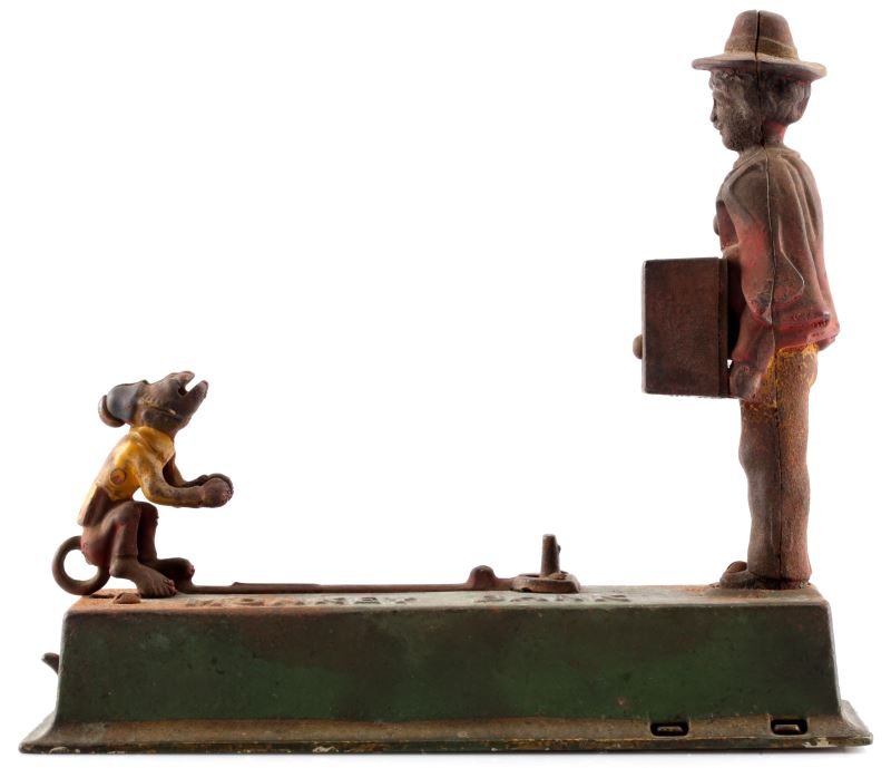 ANTIQUE CAST IRON MONKEY BANK WITH ORGAN GRINDER: Stamped number 208 on bottom, Capron brand organ grinder with monkey bank, 8 3/4 inches wide, 7 3/4 inches tall, still in very good working condition, original spring system, paint has worn. Original 
