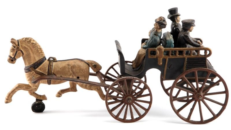 VINTAGE CAST IRON BACK TO BACK TOY CARRIAGE DENT: Antique late 19th century to early 20th century cast iron carriage, possibly produced by Dent Hardware Co. This is a six piece set with three human figures, a dog, a carriage, and the mounted horse. S