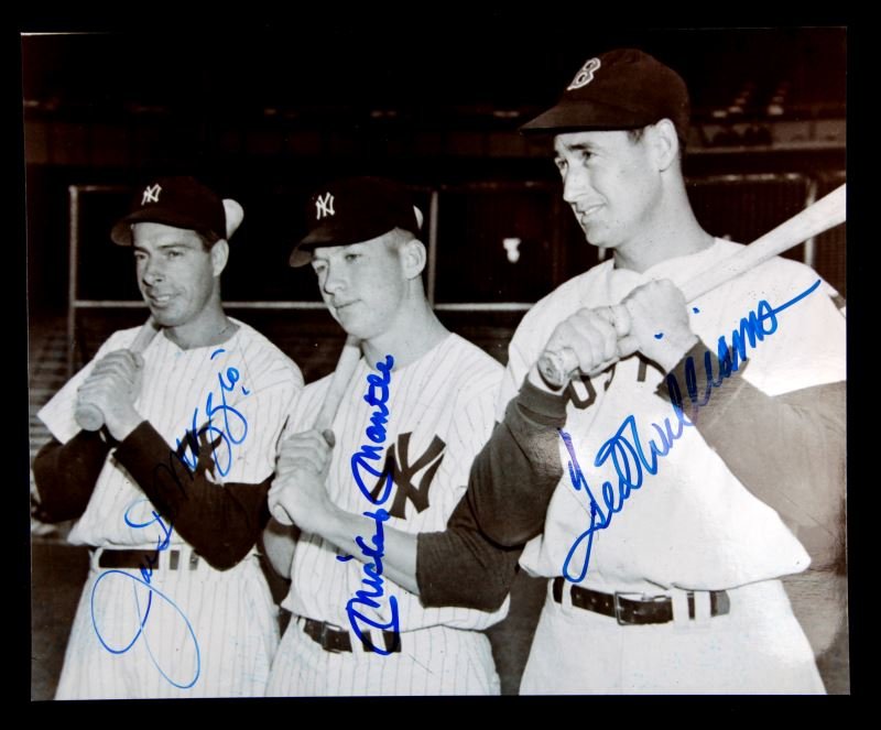 AUTOGRAPHED PHOTO OF DIMAGGIO MANTLE TED WILLIAMS: Autographed 8 by 10 photograph depicting baseball legends, Joe Dimaggio, Mickey Mantle, and Ted Williams. Accompanied with "Gotta Have It Collectibles" certificate of authenticity. Very good condition