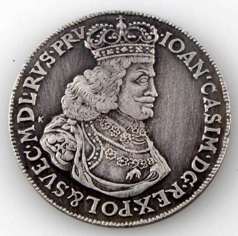 1651 POLISH THALER JOHN CASIMIR RESTRIKE SILVER: 1651 Polish Thaler silver restrike coin. John II Casimir, King of Poland, 1648-1668. Winged angel with shield and cross to reverse. Weighs 25.5 grams.