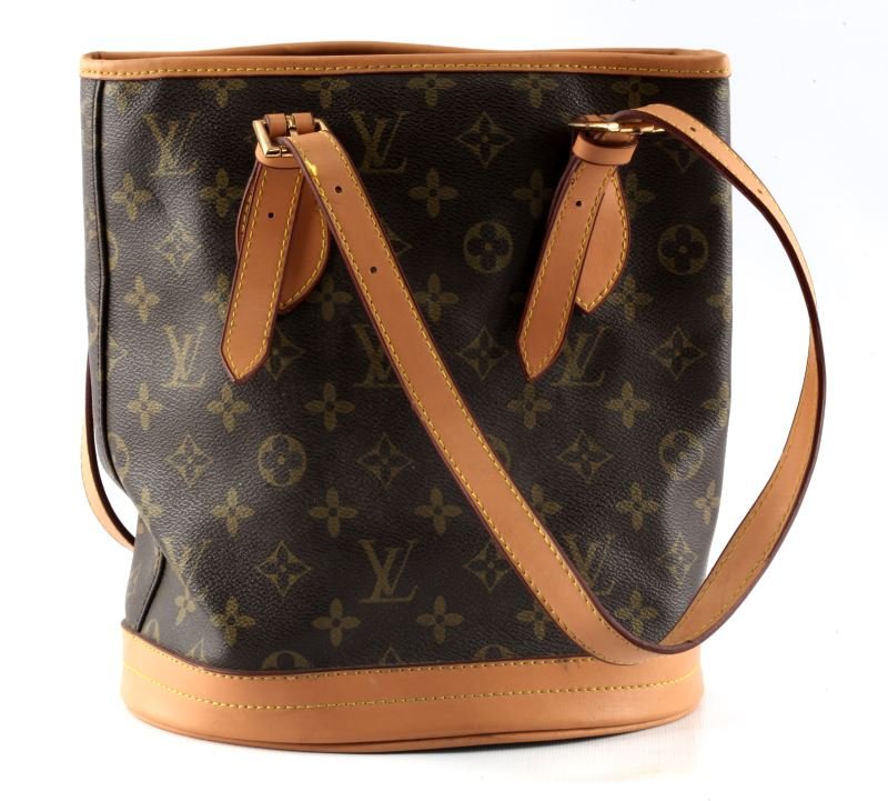 LOUIS VUITTON PETIT BUCKET BAG M42238 PRE OWNED: Louis Vuitton Petit Bucket Bag, M42238. Nude leather trimming and straps with yellow stitching and maroon accent. Signs of use to interior and bottom buttons. Overall good condition.