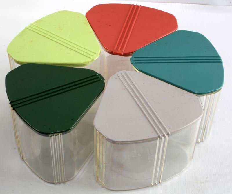 VINTAGE LOT OF 15 KANISTERETTE PLASTIC CONTAINERS: "You can modernize your pantry with Kanisterette, cause it is the sanitary way to store all dry foods..." Three boxes of five Kanisterettes, hard plastic containers for anything you want to store. Plu