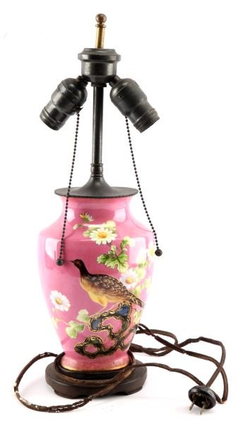 A.I. DUPONT ESTATE VINTAGE HAND PAINTED TABLE LAMP: Measuring 18 inches tall, 6 inches at widest point, vintage table lamp from estate of A.I. DuPo0nt, used at Southwood Plantation in Tallahassee, Florida. Hand painted, pheasant and floral motif. Doubl