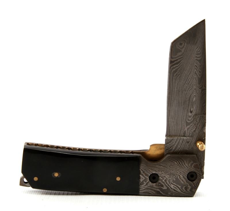 CUSTOM KJ DAMASCUS TANTO FOLDING KNIFE W HORN GRIP: 8 inch Damascus steel Tanto style folding knife with black bull horn handle and Damascus bolster. Measures 8 inches long. Razor sharp with slanted top edge. Lanyard hole to bottom. Comes with leather 