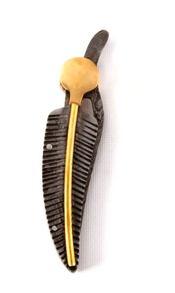 CUSTOM KJ DAMASCUS STEEL UNIQUE FOLDING KNIFE: Unique Damascus steel and brass folding knife. The handle is carved Damascus steel in the shape of a leaf with brass stem. Razor sharp with a soft clip point blade. Measures almost 9 inches long. New