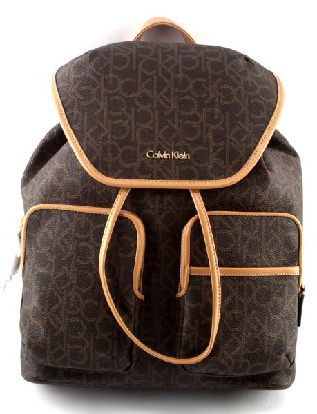 CALVIN KLEIN LOGO BACKPACK BROWN LEATHER: New Calvin Klein brown leather logo backpack. Has drawstring and snap button closure, adjustable straps, two front zippered pockets, Measures 10 inches wide, 14 inches tall, 6 inches deep. Still has C