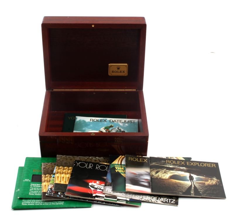 ORIGINAL ROLEX OYSTER PERPETUAL DATE JUST BOX: Box made of wood with brochures for Rolex inside.