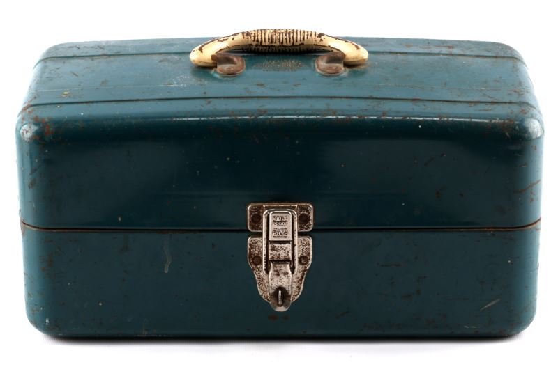 UNION STEEL TACKLE BOX W 14 LURES & OTHER ITEMS: Vintage Union Steel tackle box with fourteen lures and various other items. Includes a sought after Pflueger lure. Expected signs of age and wear.