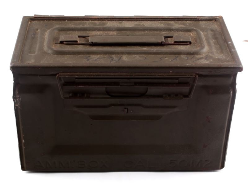 AMMO BOX WITH 5 LARGE LARGE LURES & FISHING LINE: Ammo box with five large lures and some fishing line. Expected signs of age and wear.