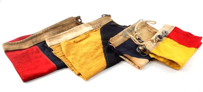 LOT OF FOUR WWII SIGNAL FLAGS NUMBERS 2,3,5 AND 6: All are in good condition with some yellowing and few holes. Number 6 and number 5 flags measure 36 by 27. Number 2 and number 3 flags measure 26 by 20 inches.