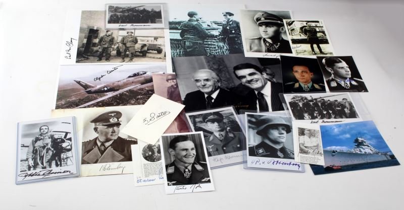 LOT OF 21 SIGNED WWII GERMAN AND AMERICAN PHOTOS: Lot of 21 signed photographs. Includes signatures by: Hajo Hermann, Karl Brommann, Gunther Rall, Earl McClung,Saito, Daniel Inouye, Robinson Risner, and more. Very good condition.