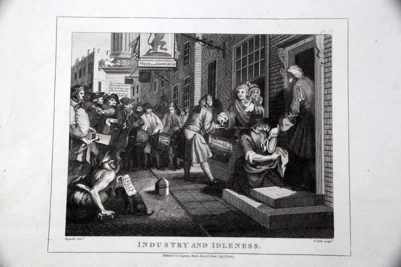WILLIAM HOGARTH ENGRAVING INDUSTRY AND IDLENESS: An engraving by T. Cook after William Hogarth's "Industry and Idleness". Published by Longman, Hurst, Rees, & Orme on September 1st 1807. Measures 11.25 by 8.5 inches. In very good condition.