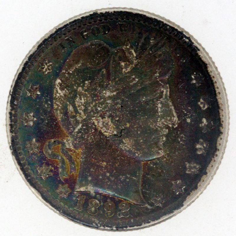 1892 BARBER QUARTER MINT STATE TONE COIN: True obverse case tri color toning, MS-62/63