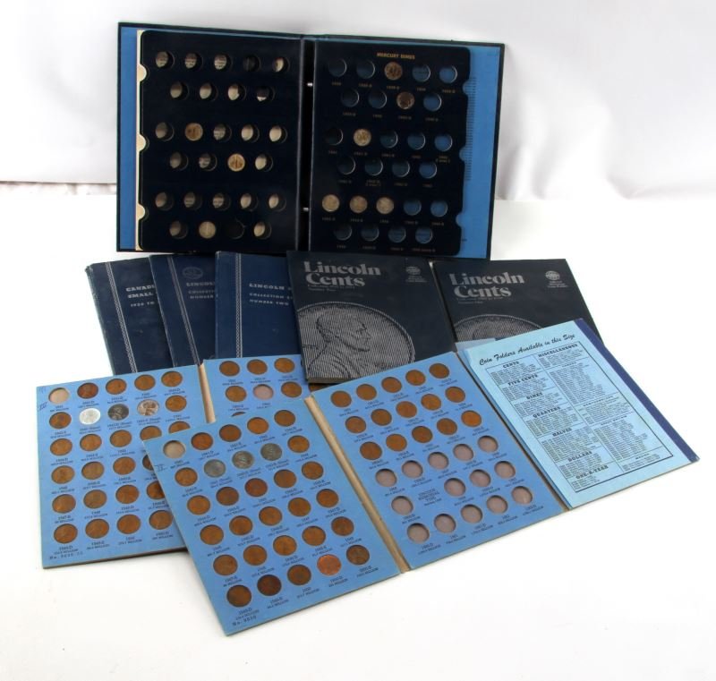 COLLECTION OF US COINS SILVER DIMES QUARTER & MORE: Consisting of: 5 books with Lincoln cent, Canadian small cent collection book, Mercury dimes, Barber dime, Washington quarter, War nickels, 1977 silver Mexico cien pesos and 2.8 pounds of unsearched i