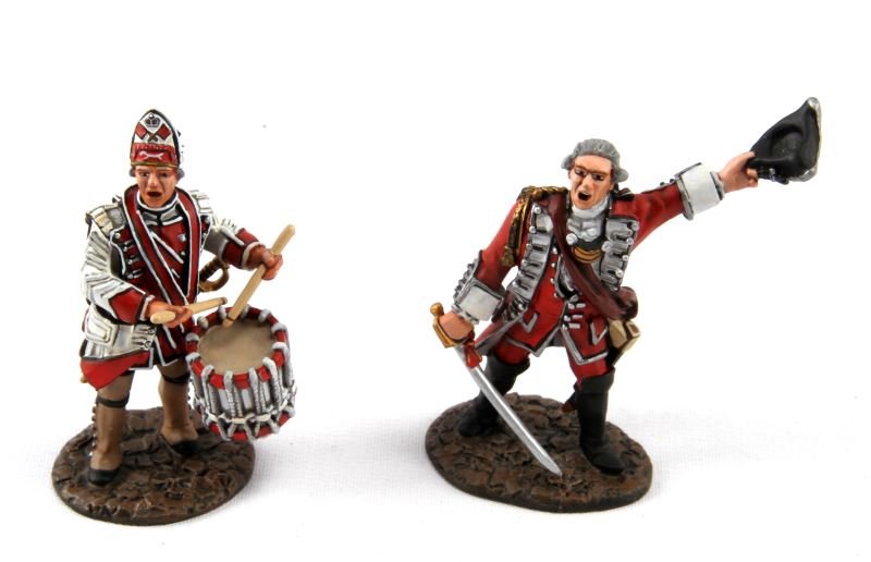 JOHN JENKINS BATTLE OF THE PLAINS FIGURES W BOX: Limited edition John Jenkins hand-cast white metal figurines in box with COA. These toy soldiers are designed, researched, and sculpted by John Jenkins. This set depicts a British officer and a drumme