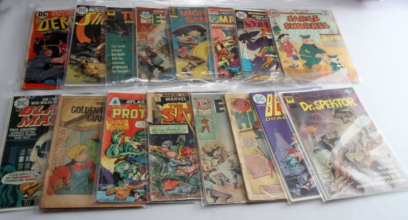 LOT OF 17 SILVER/BRONZE AGE NO BARCODE COMIC BOOKS: Seventeen vintage comic books. Lot includes: Turk Son of Stone, E Man No.9 and 10,Man-Wolf No. 37, Mighty Samson, Stalker No. 1, Sarge Snorkel No. 4, The Golden-Haired Giant (missing cover), The Scorp