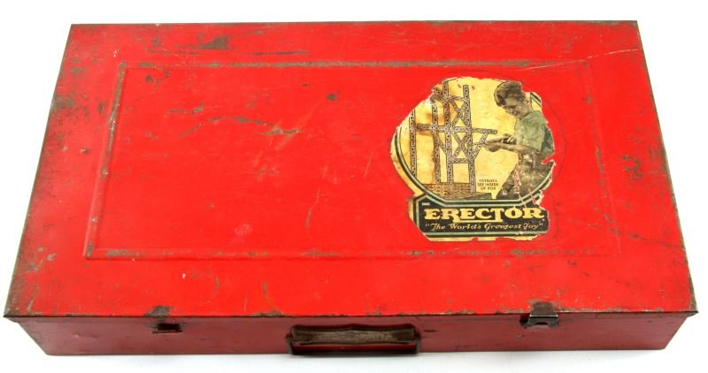1950's ERECTOR SET 7 1/2 WITH ENGINE AND CASE: Vintage 1950's Erector set in original case. No 7 1/2 engineer's set with reversing electric engine. Can be used to build the "walking beam engine", merry go round, and more. Appears to have some miss