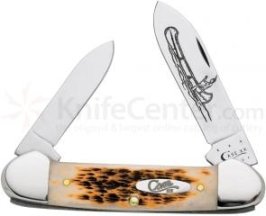 CASE CUTLERY AMBER CANOE 00263 NEW IN BOX: Case folding knife, amber bone handle. Closed length 3-5/8" (9.21 cm).Double blade includes an etched spear blade and small pen blades. Stock image used.