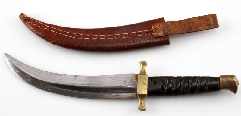 ANTIQUE MIDDLE EASTERN CURVED DAGGER: Has 6 inch, double-edged curved blade with remnants of bluing in its blood grooves. Horn handle with wire wrap and brass crossguard and pommel. The dagger is in good condition, but the horn grip has s