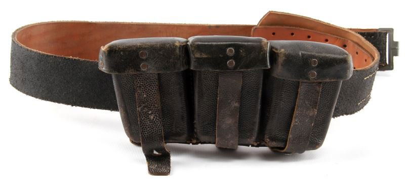 WWII THIRD REICH GERMAN K98 AMMO POUCH AND BELT: A black leather belt with black leather pouches designed to carry K98 ammo. Items are in good condition with supple leather, some scuffs from use. Belt buckle not included.